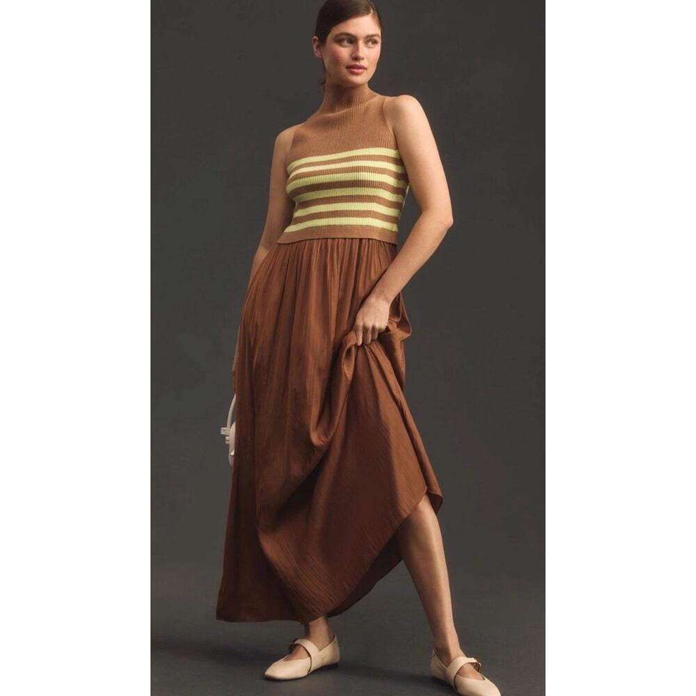 Anthropologie Sweater Dress Maxi Thea Twofer Sleeveless Brown Stripe Size S